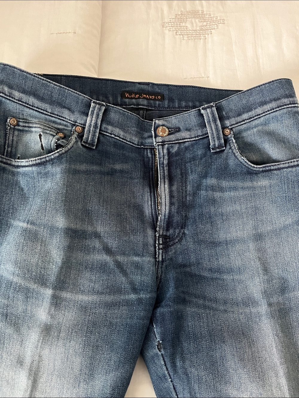 Nudie Jeans Straight Leg Faded Blue Denim 33 x 31 1/2 Slim Jim indigo on black